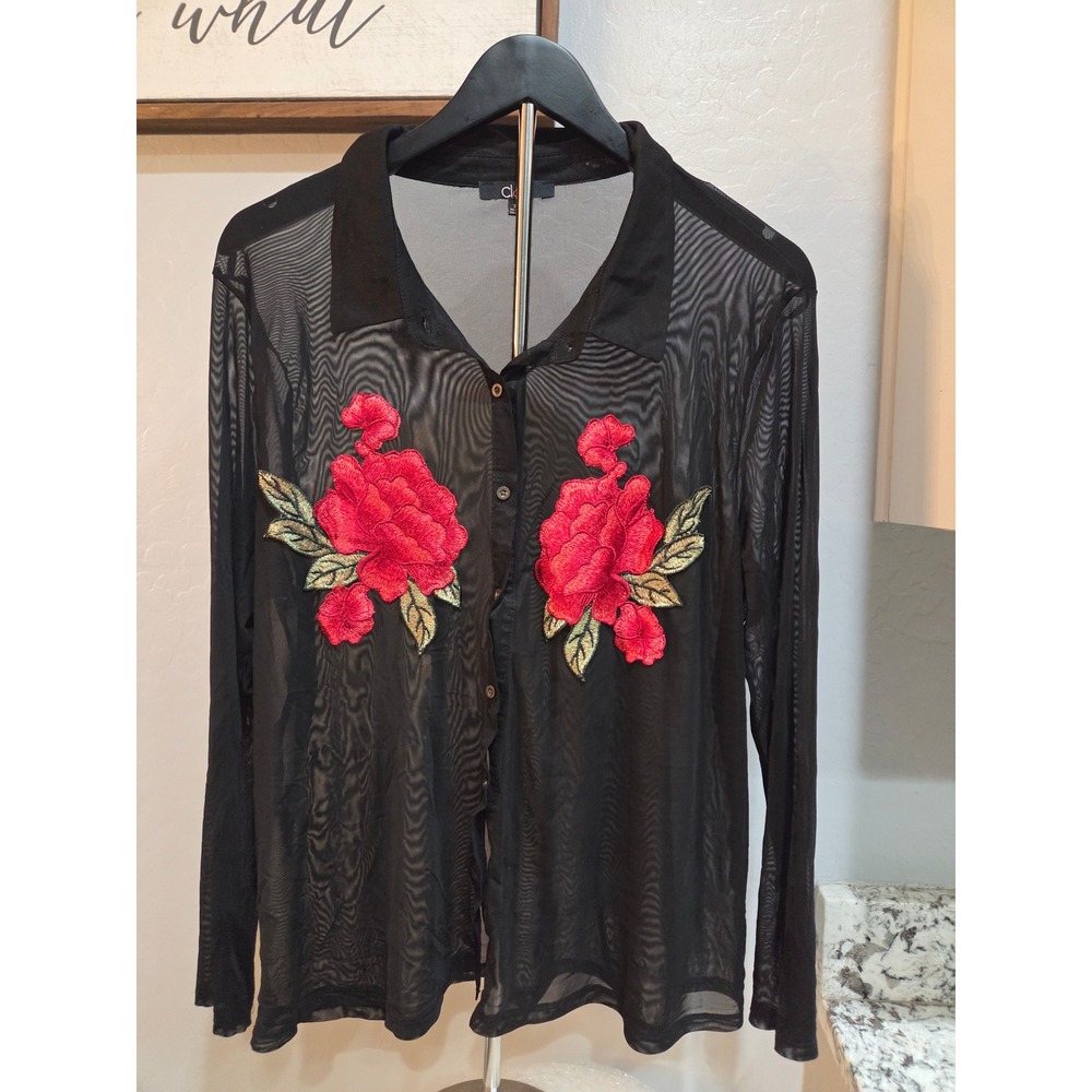Vintage Cleo Womens 2X Black Sheer Mesh Rose Embroidered Button Down Shirt TK133